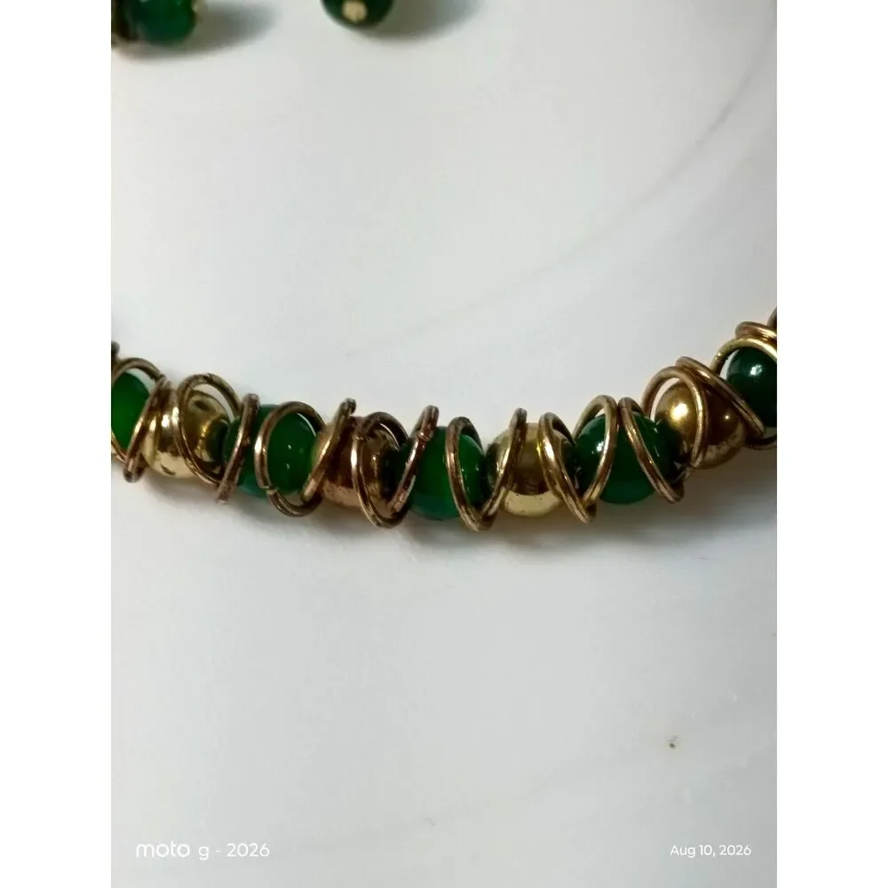 Chunky Green Glass Bead Layered Necklace & Matching Dangle Earrings Set